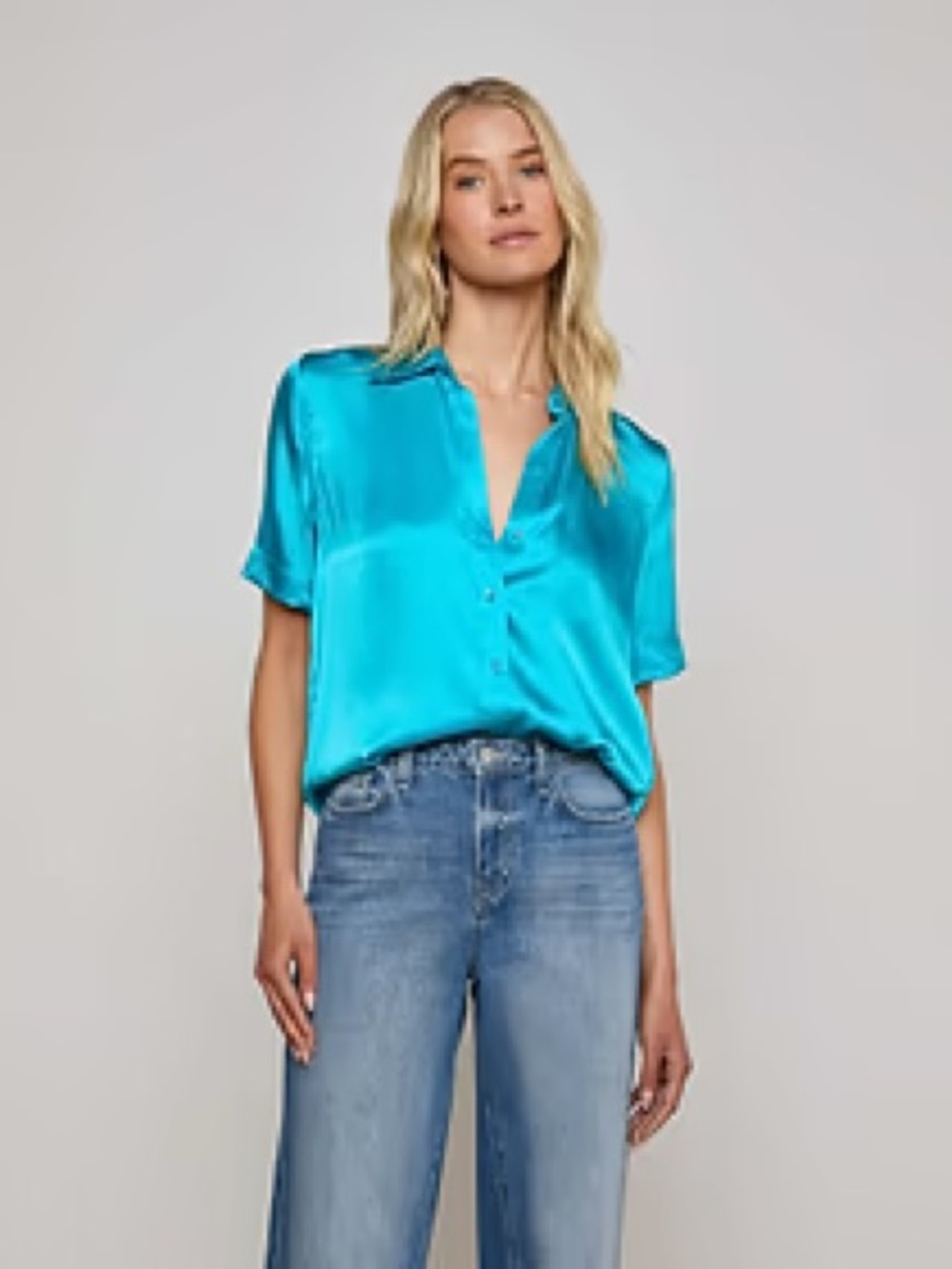 L’agence Ellah Silk Blouse XS Aqua Teal Short Sleeve